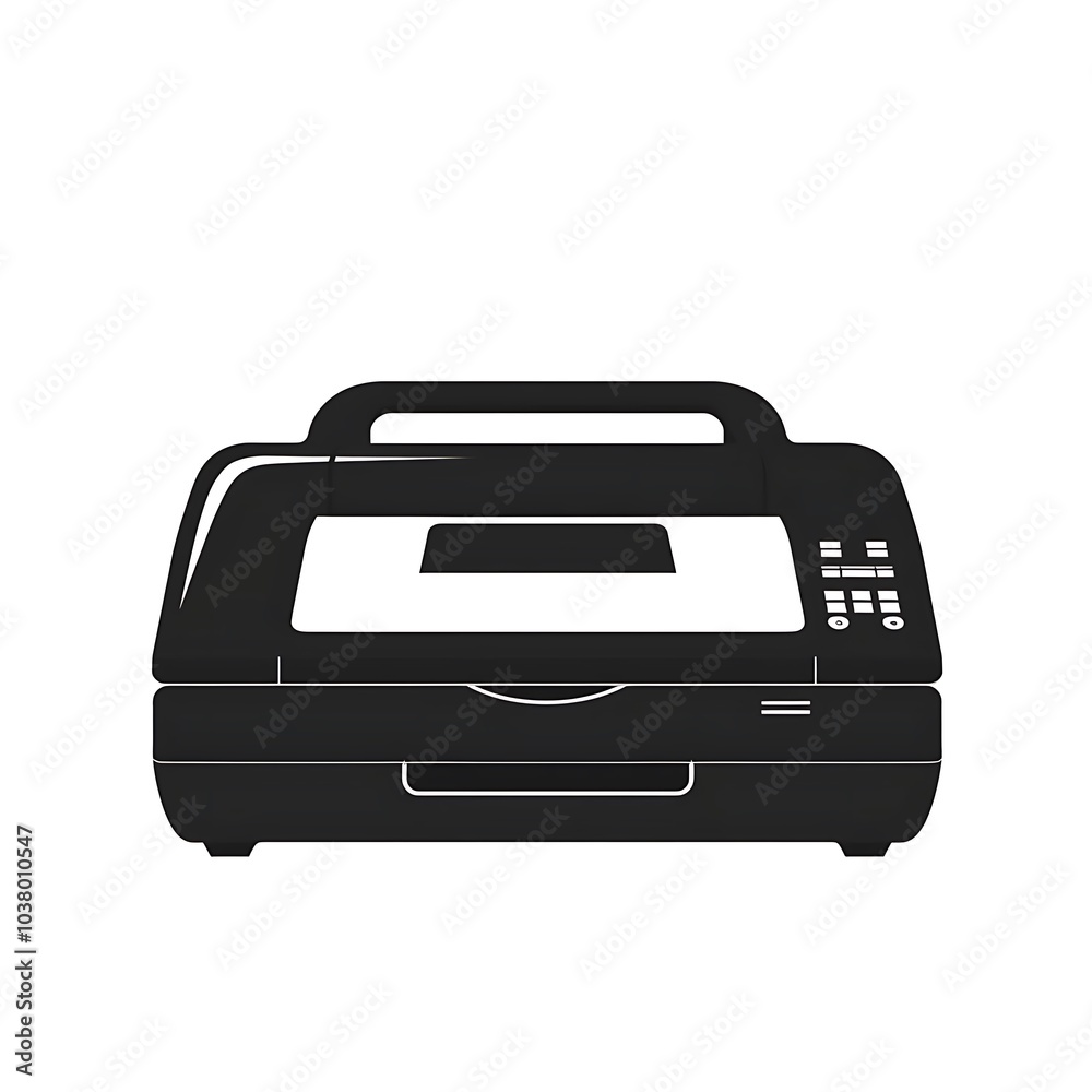 A black and white illustration of a multifunction printer. A black and white illustration of a multifunction printer.