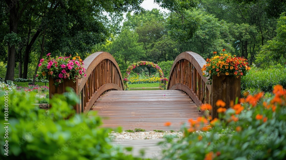 Scenic view of a pedestrian bridge over a park, surrounded by vibrant greenery and flowers Scenic view of a pedestrian bridge over a park, surrounded by vibrant greenery and flowers