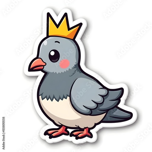 Cute Cartoon Pigeon Wearing a Golden Crown Sticker. Generative AI