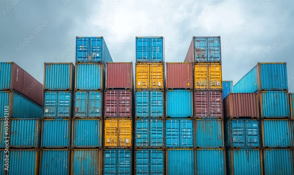 Fototapeta premium Stacked Shipping Containers Against Overcast Sky