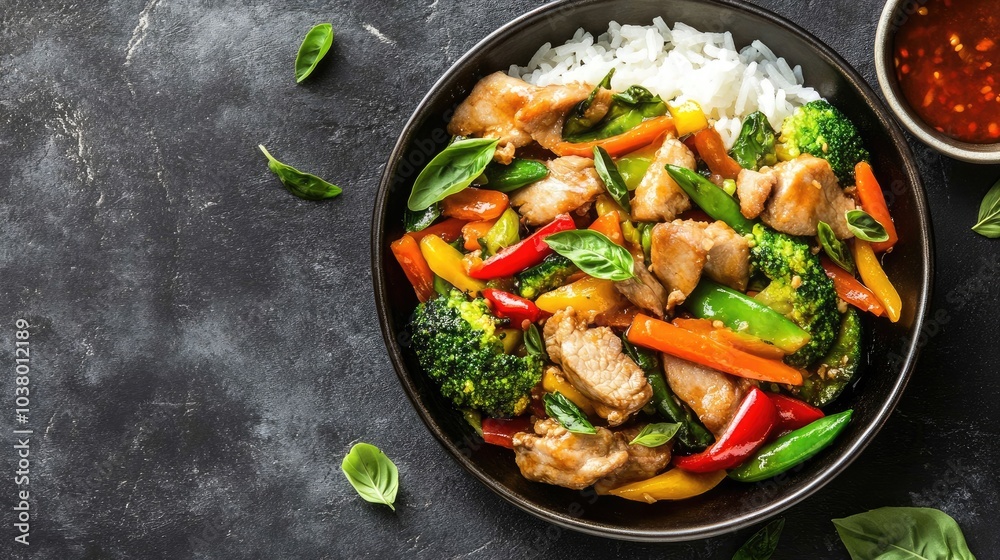 Colorful Stir-Fried Chicken with Vegetables and Rice Colorful Stir-Fried Chicken with Vegetables and Rice