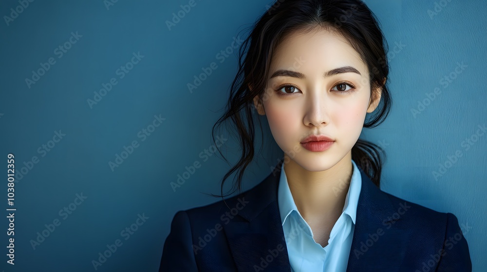 藍色のスーツと水色のシャツを着た若い日本のビジネスウーマン 藍色のスーツと水色のシャツを着た若い日本のビジネスウーマン