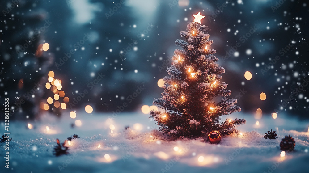 A beautifully decorated Christmas tree with lights in a snowy landscape during winter A beautifully decorated Christmas tree with lights in a snowy landscape during winter