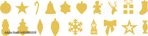 golden christmas decorations - vectors, png without background, star, angel, snowflake, Santa, bell, reindeer, gift, ribbon, candy, Christmas tree, snowman, heart, pinecone, sock, bobble