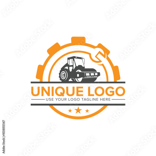 Road roller and asphalt paver, heavy equipment isolated logo design template