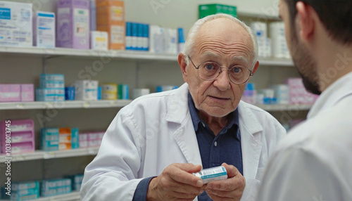 An elderly man - a doctor in a white coat, against the background of shelves with medicines, medical preparations, tablets. Pharmacy, health, pharmacology.