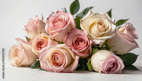 Beautiful bouquet of pink delicate roses lies on a white background. Wedding, Valentine's Day.