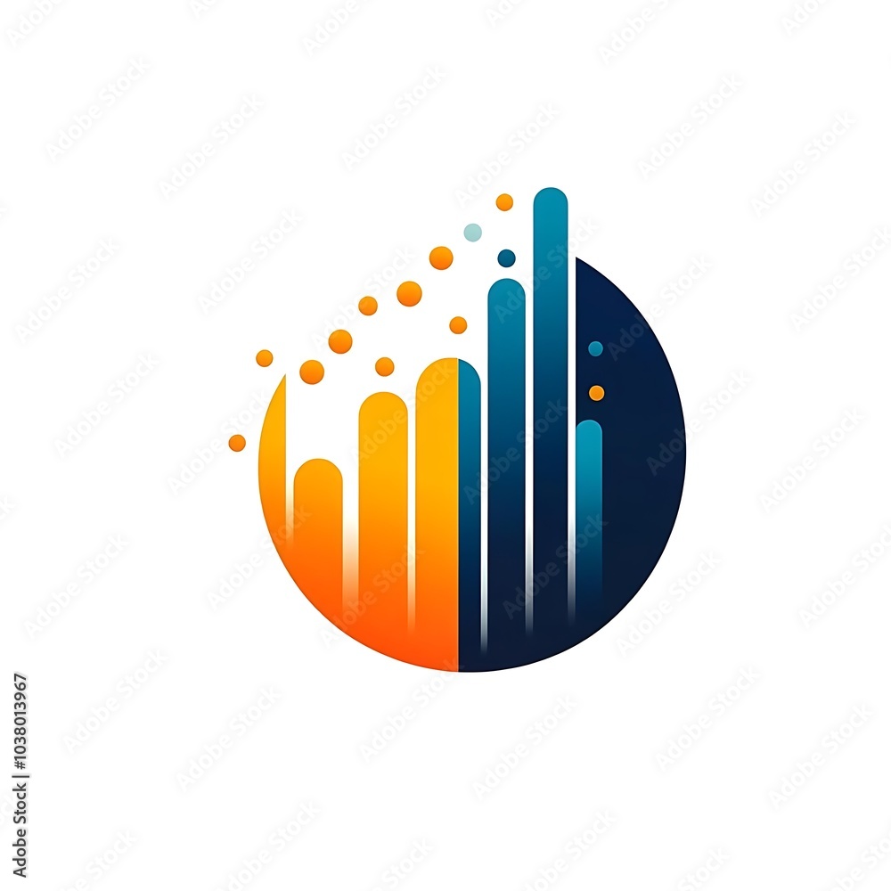 Abstract graphic design featuring bars and dots in a circular shape, suggesting growth and data. Abstract graphic design featuring bars and dots in a circular shape, suggesting growth and data.