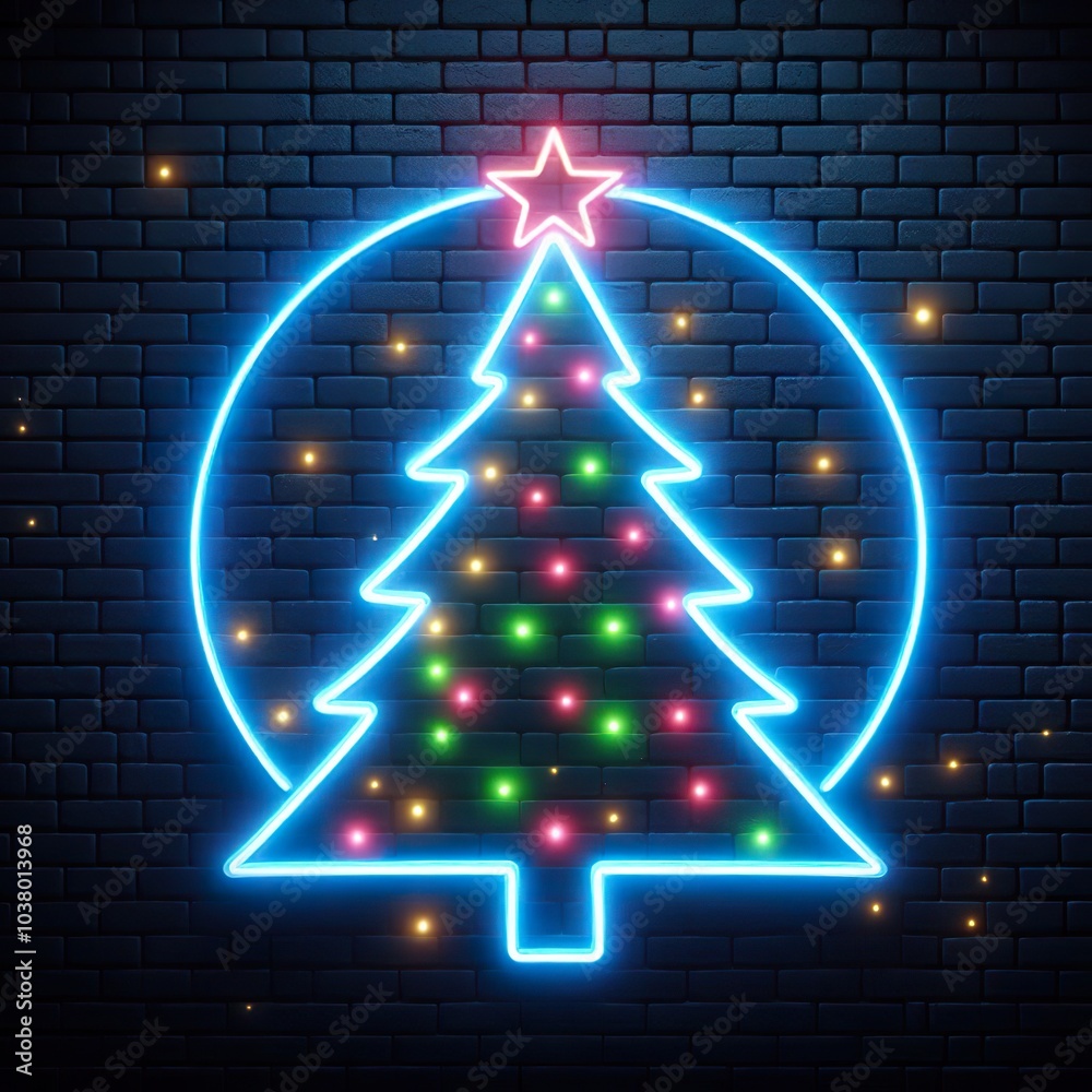 A Neon lights christmas tree on Brick Wall, dark background A Neon lights christmas tree on Brick Wall, dark background