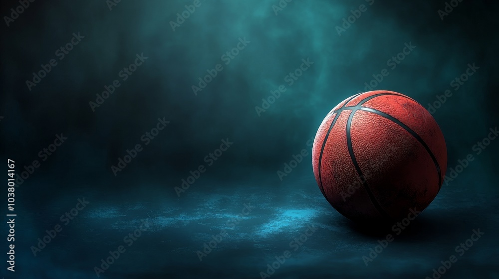 A solitary basketball resting on a dark, misty background, highlighting its texture and form. A solitary basketball resting on a dark, misty background, highlighting its texture and form.