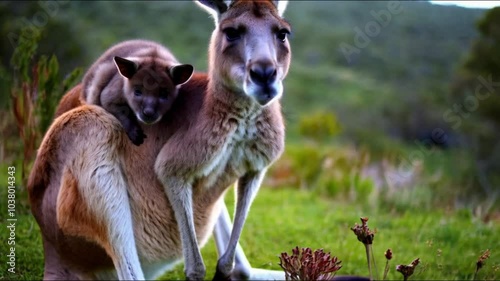 Adorable baby kangaroo peeking out from its mother�s pouch. photo