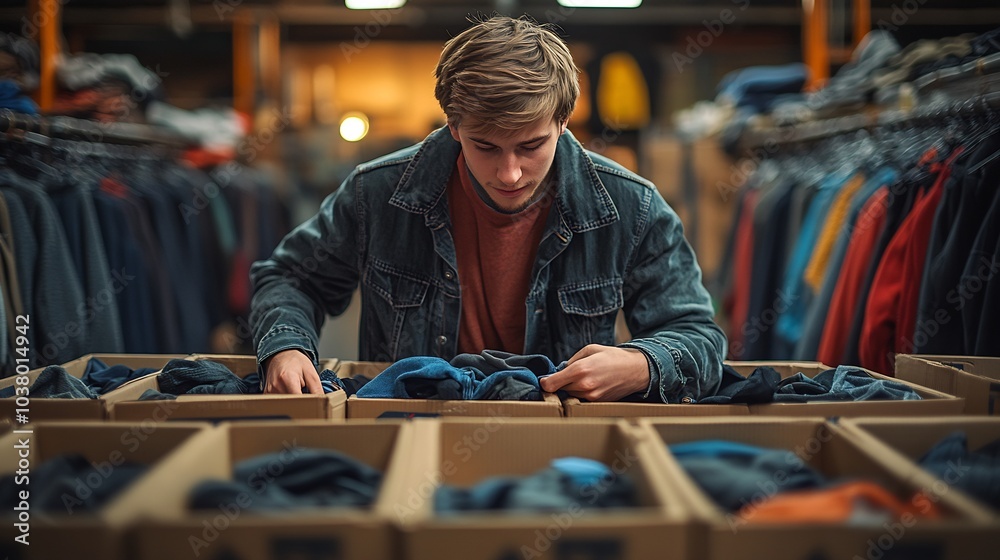 Young person moving clothes into boxes for charity highlighting care and neat organization Young person moving clothes into boxes for charity highlighting care and neat organization