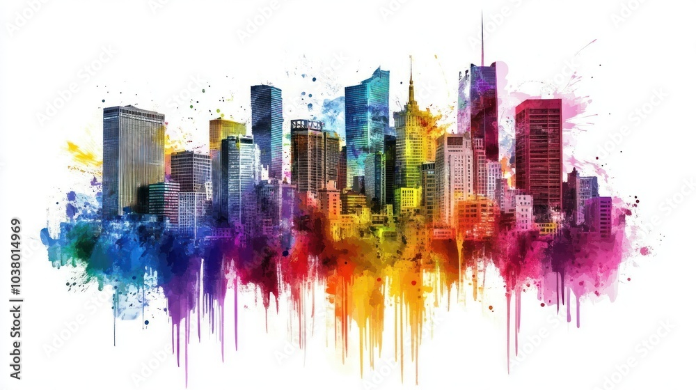 Fototapeta premium A vibrant watercolor skyline illustration showcasing a cityscape with colorful splashes.