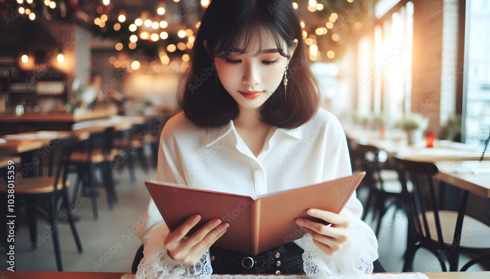 메뉴판을 보는 여성 메뉴판을 보는 여성