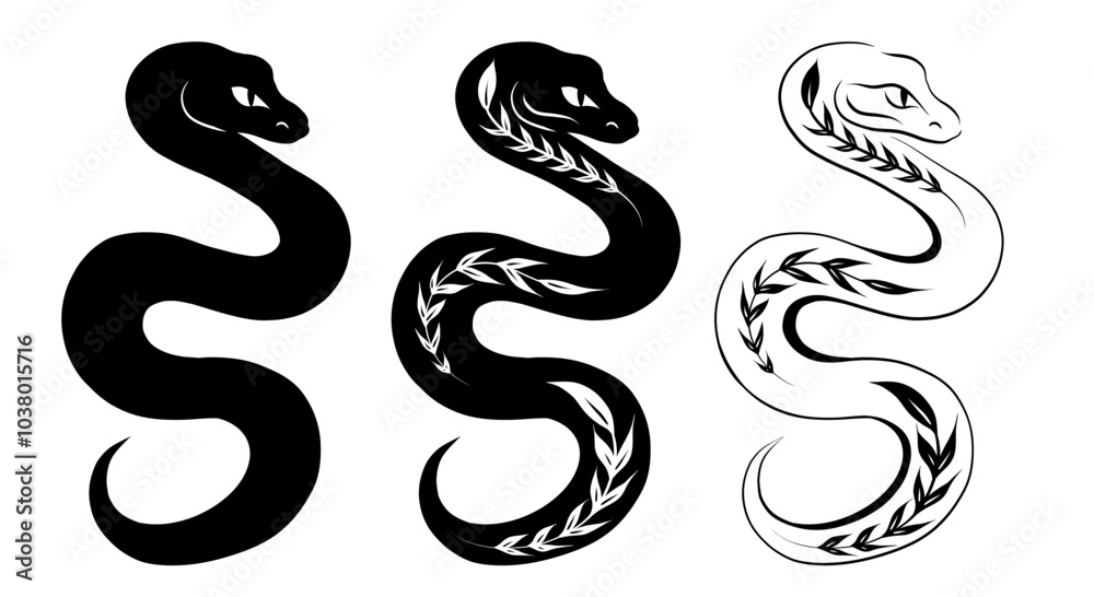 Vector monochrome snake set. Collection of black outline and silhouette snakes with plant pattern isolated from background. Symbol of Chinese New Year for icons, logos Vector monochrome snake set. Collection of black outline and silhouette snakes with plant pattern isolated from background. Symbol of Chinese New Year for icons, logos