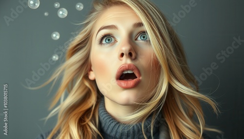 Young woman with blonde hair gazing in awe at floating bubbles against a gray backdrop during an indoor shoot