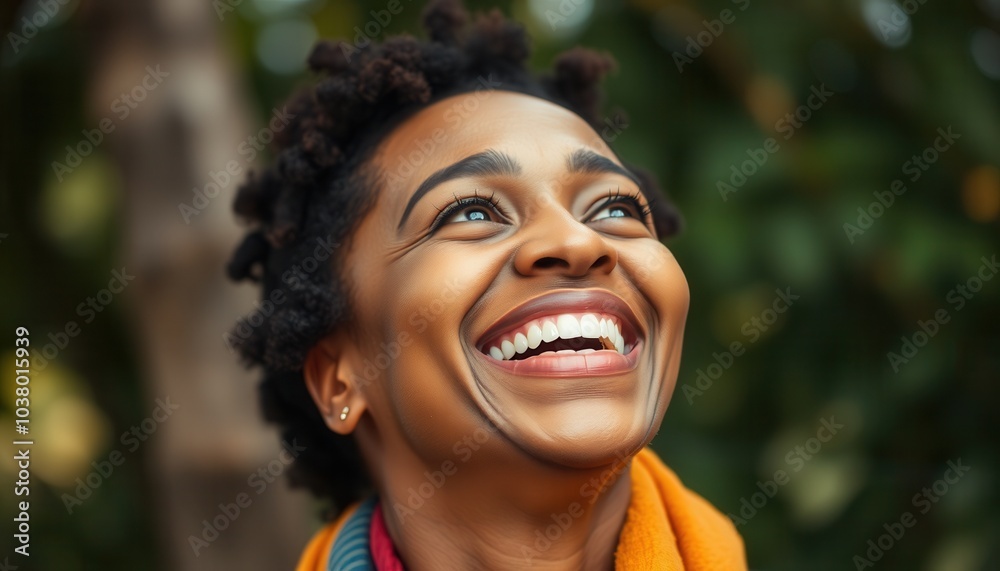 A woman with a joyful smile surrounded by greenery on a sunny day, radiating happiness and warmth in her outdoor environment A woman with a joyful smile surrounded by greenery on a sunny day, radiating happiness and warmth in her outdoor environment