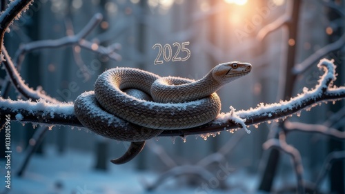 Snake coiled on a snow-covered tree branch with glowing 