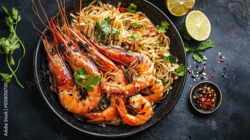 Thai Fried Noodles,Pad Thai with shrimp and vegetables on plate,Thai Food,Pad Thai popular street food,Original thai food with prawn in Pad Thai,Thailand popuplar cuisine,menu for restaurant.