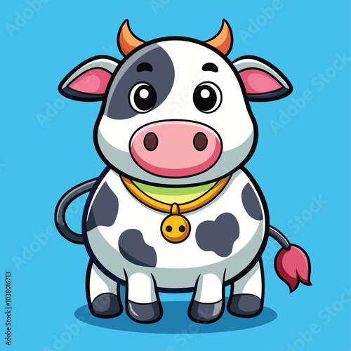  Cute Plump Cow with Bell - Cartoon Illustration