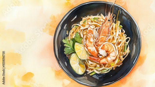 Watercolor of Thai Fried Noodles,Pad Thai with shrimp and vegetables,Thai Food,Pad Thai popular street food,Original thai food with prawn in Pad Thai,Thailand popuplar cuisine,menu for restaurant. photo