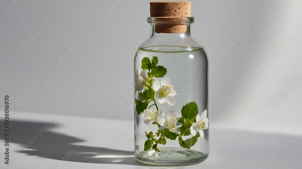 A delicate glass bottle holds a Bacopa Monnieri plant submerged in liquid, surrounded by its small white flowers. A delicate glass bottle holds a Bacopa Monnieri plant submerged in liquid, surrounded by its small white flowers.