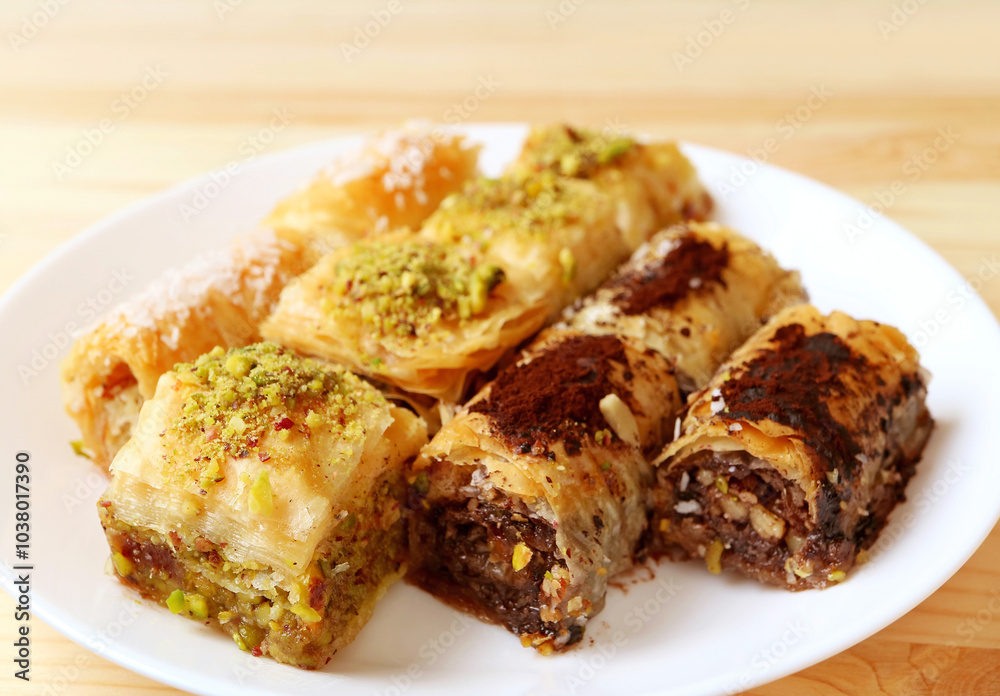 Assorted Mouthwatering Baklava Pastries Served on Wooden Table Assorted Mouthwatering Baklava Pastries Served on Wooden Table