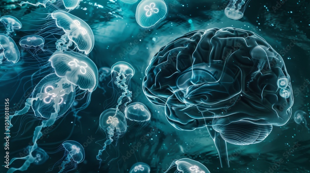 a luminous brain illuminated by bioluminescent jellyfish swimming around it, symbolizing the symbiotic relationship between the mind and nature's wonders a luminous brain illuminated by bioluminescent jellyfish swimming around it, symbolizing the symbiotic relationship between the mind and nature's wonders