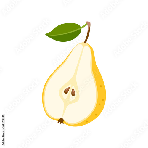 Yellow pear cut in half. Vector cartoon flat illustration of fresh fruit. 