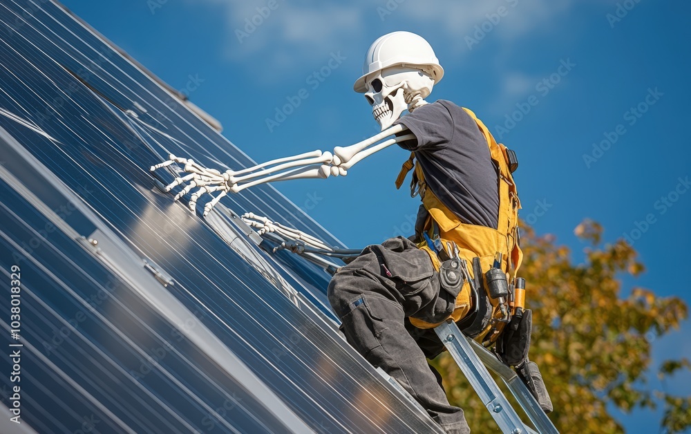 Skeleton Installing Solar Panels. A 3D skeleton in a work uniform and helmet, climbing a ladder to install solar panels on a rooftop, with a bright blue sky in the background. Skeleton Installing Solar Panels. A 3D skeleton in a work uniform and helmet, climbing a ladder to install solar panels on a rooftop, with a bright blue sky in the background.