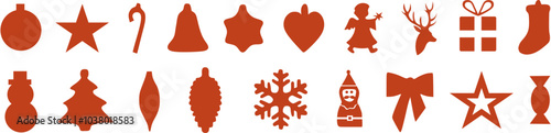 red Christmas ornaments - vectors, png without background, star, angel, snowflake, Santa, bell, reindeer, gift, ribbon, candy, Christmas tree, snowman, heart, pinecone, sock, bobble