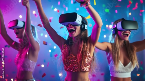 Three women celebrating with virtual reality headsets at a festive event.