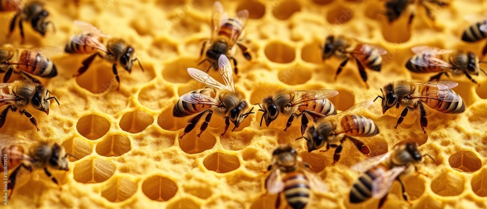 Close-up of bees on honeycomb, showcasing their role in honey production. Close-up of bees on honeycomb, showcasing their role in honey production.