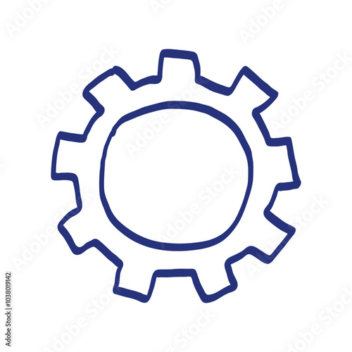 Gear sketch. Hand drawn vector illustration. Blue pen or marker drawing. Primitive kids picture