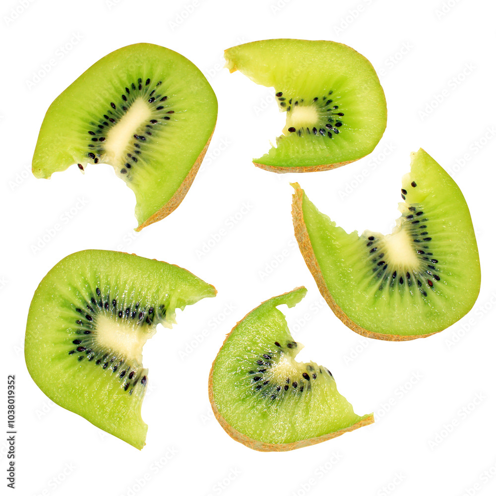 Fototapeta premium Bitten off kiwi slice. Juicy fresh fruit. Summer print. Isolated on transparent background.Top view