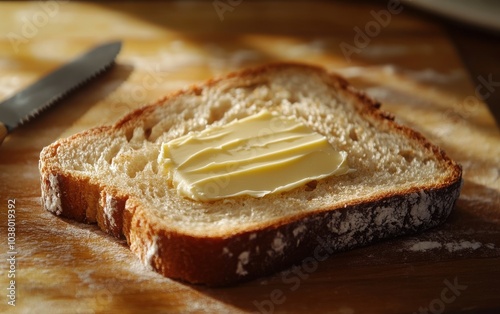 A close-up of a slice of bread awaiting a generous spread of butter, with a knife positioned nearby