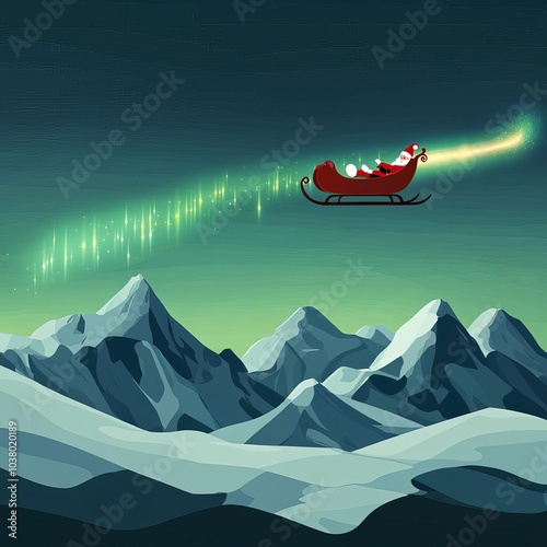 Wallpaper Mural Santa s sleigh flying over the icy North Pole mountains, Northern Lights guiding the way Torontodigital.ca
