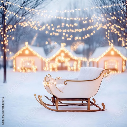 Santa s sleigh parked in front of a snowy North Pole village, sparkling lights all around photo