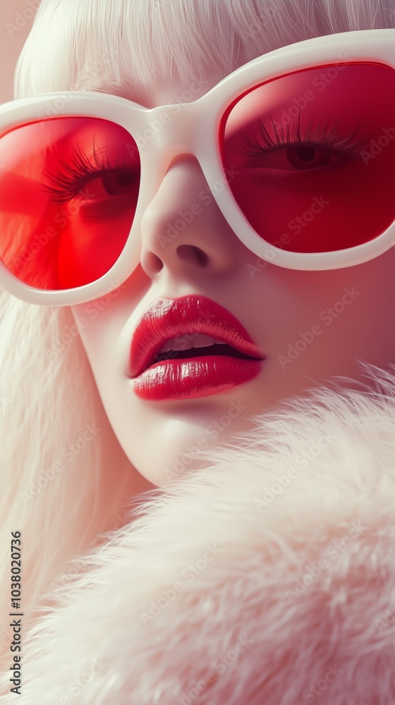Stylish woman with striking red sunglasses and bright lipstick, showcasing modern fashion and elegance in a close-up portrait.