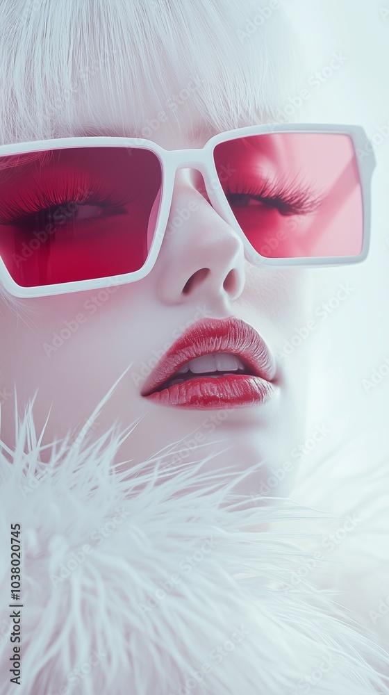Close-up of a modern woman wearing vibrant red sunglasses, exuding a fashionable and glamorous aesthetic. Close-up of a modern woman wearing vibrant red sunglasses, exuding a fashionable and glamorous aesthetic.