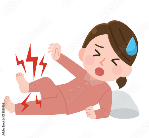 就寝中にこむら返りになって痛がる女性　イラスト