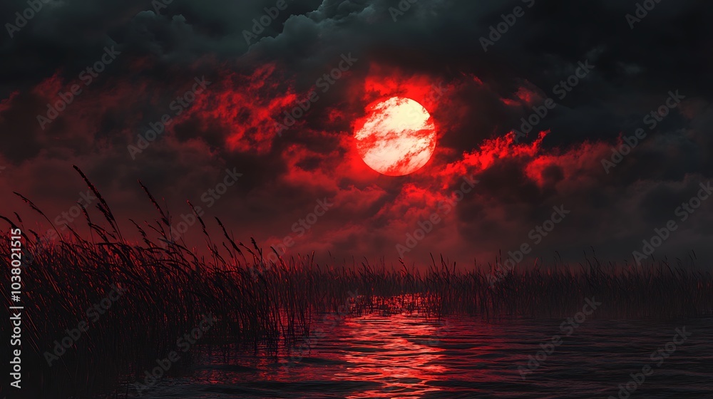 Fototapeta premium Glowing Red Sunset Over Peaceful Waters and Dramatic Cloud Cover Image