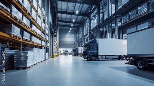 Modern Warehouse Logistics: Sleek trucks stand ready for dispatch in a spacious, well-lit warehouse, showcasing efficient logistics and supply chain management.