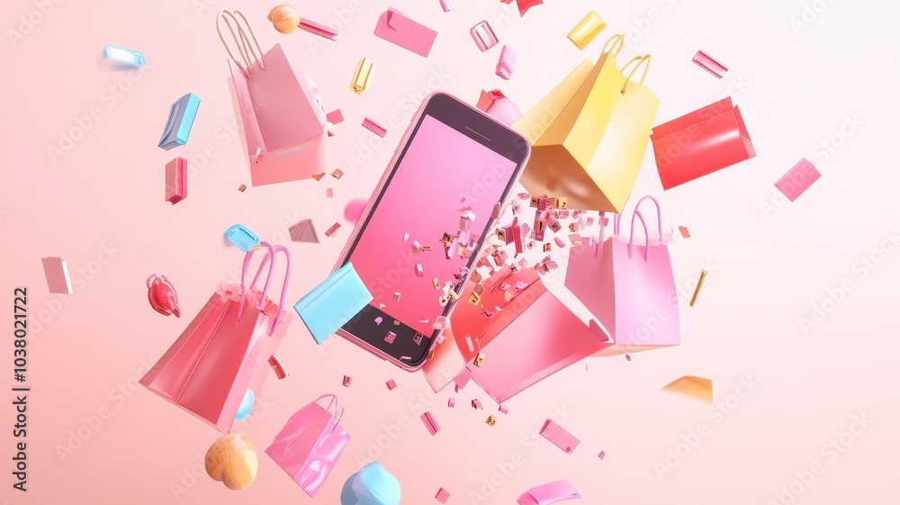 Abstract 3D model of a smartphone with exploding icons of shopping, discounts and digital payment solutions, pastel theme Abstract 3D model of a smartphone with exploding icons of shopping, discounts and digital payment solutions, pastel theme
