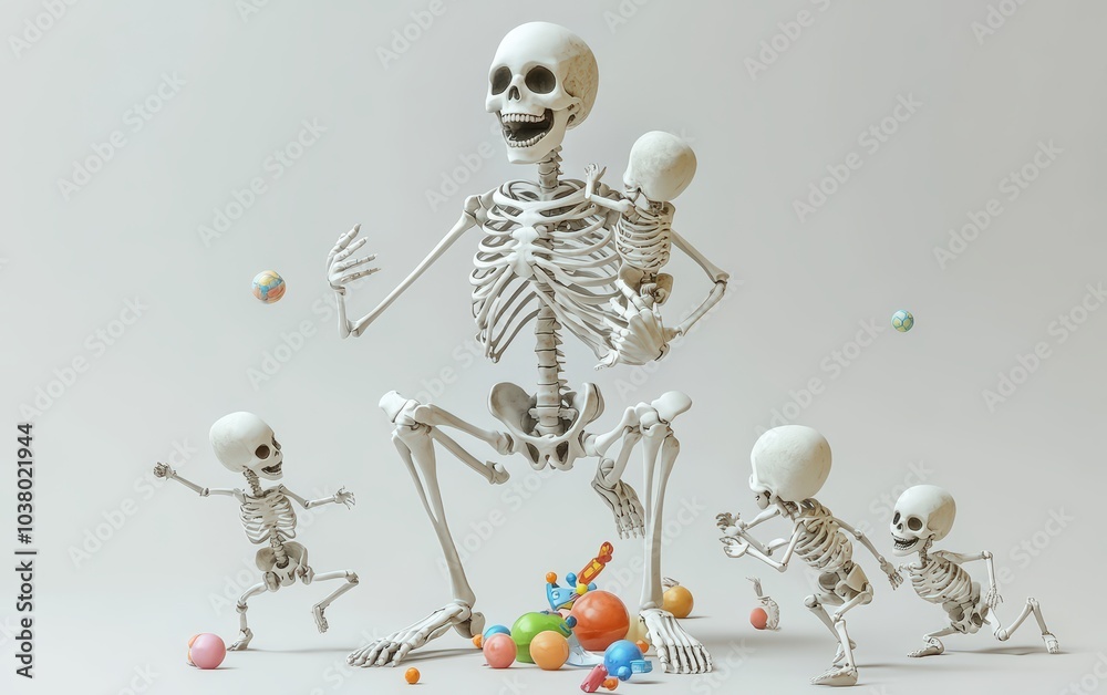 Skeleton Babysitting. A 3D skeleton babysitting a group of energetic skeleton toddlers, one climbing onto its shoulders while others play with toys around. Skeleton Babysitting. A 3D skeleton babysitting a group of energetic skeleton toddlers, one climbing onto its shoulders while others play with toys around.