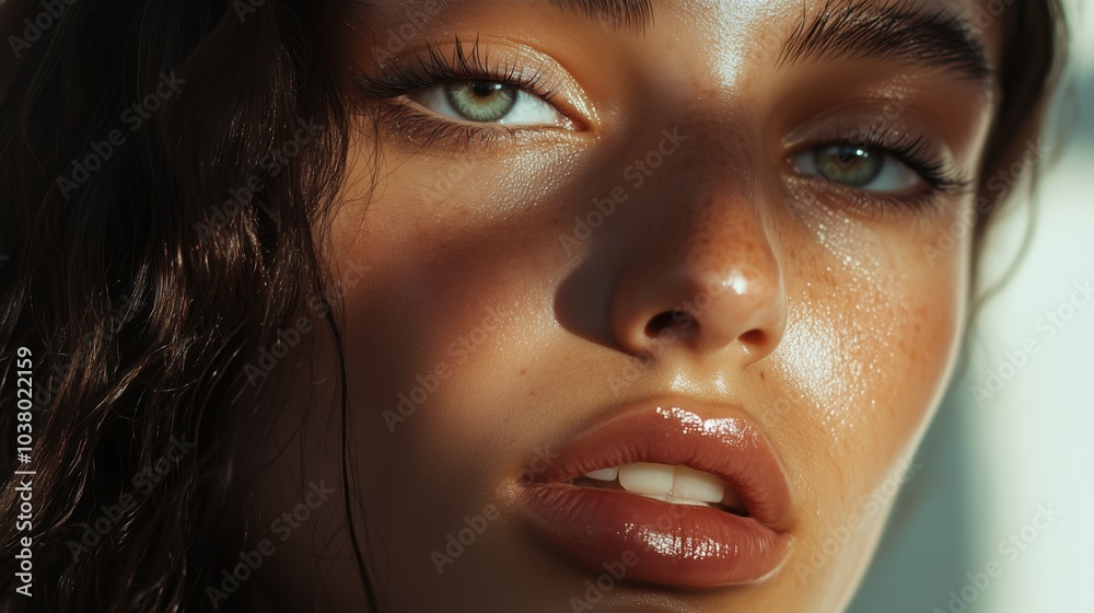 Detailed close-up of a woman's face highlighting freckles, glossy lips, and captivating eyes under natural lighting. Detailed close-up of a woman's face highlighting freckles, glossy lips, and captivating eyes under natural lighting.