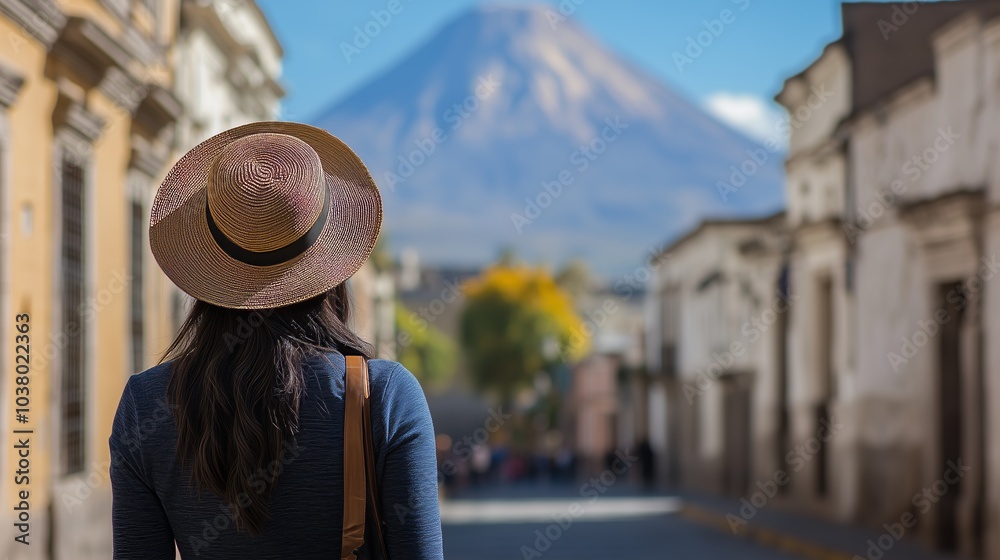 Fototapeta premium A woman with a straw hat enjoys a picturesque view of a distant volcano on a sunny day in an urban setting.