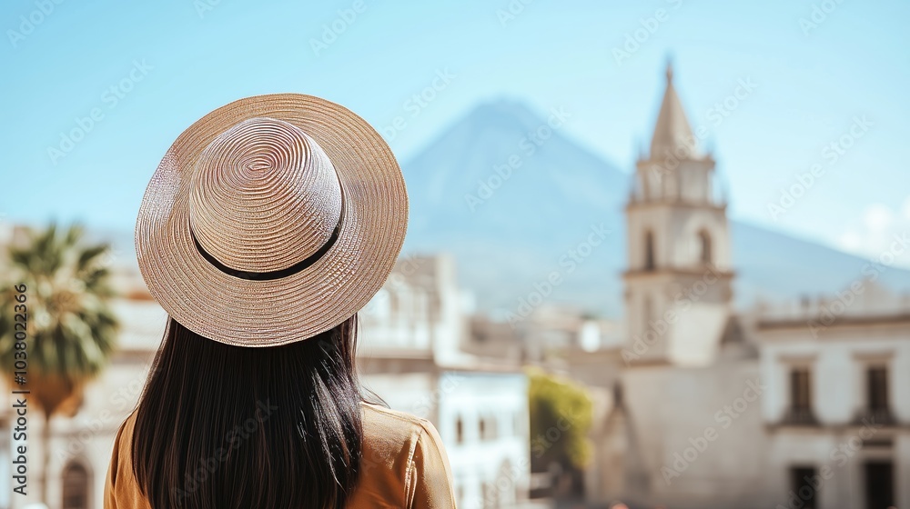 Fototapeta premium A woman in a straw hat enjoys a picturesque view of a mountain from a charming historical city center.