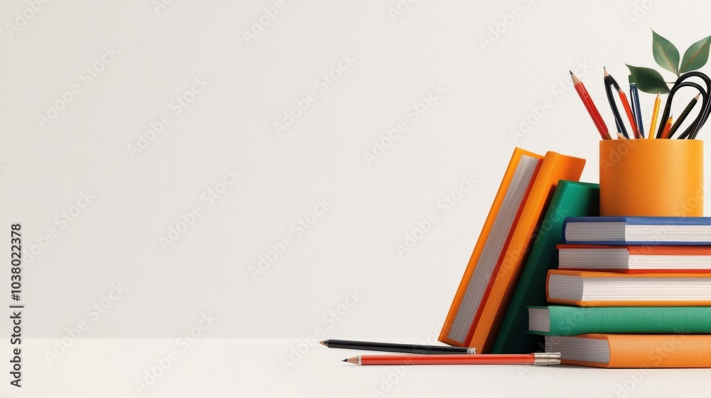 Fototapeta premium Colorful books and stationery on a table.