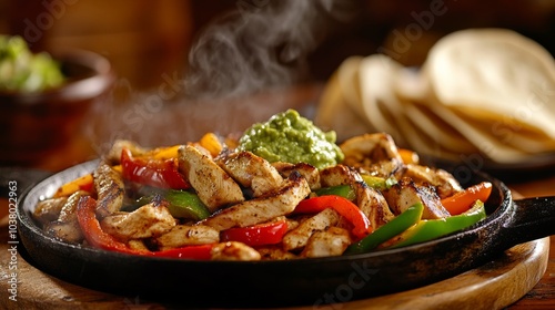 A sizzling plate of fajitas loaded with grilled chicken, bell peppers, and onions photo